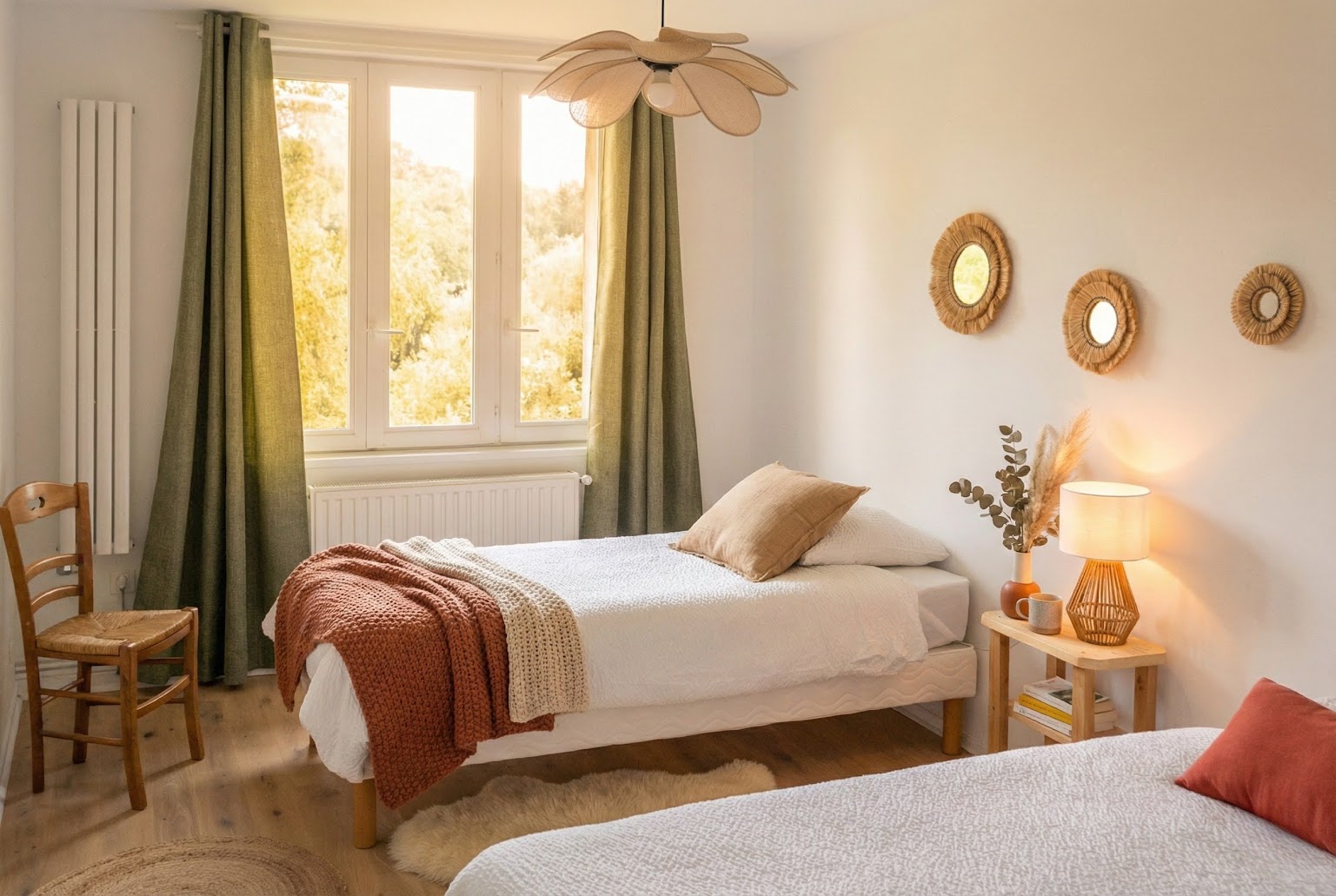 Une chambre jumelle de Verdonne aux rideaux verts