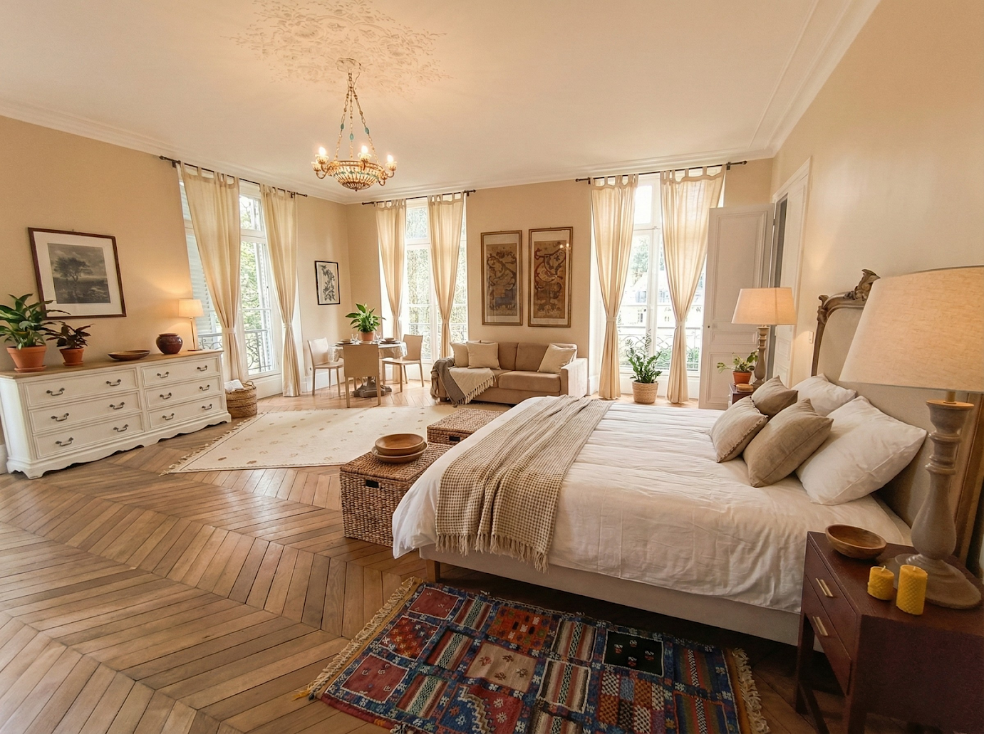 Une chambre lumineuse de Chenevelle avec un lit double et un coin salon